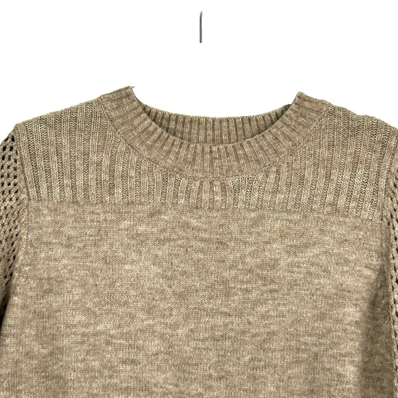 SHEIN Sweater Womens 4 Tan Pullover Crew Neck Knit Openwork Sleeve Acrylic - Picture 3 of 9